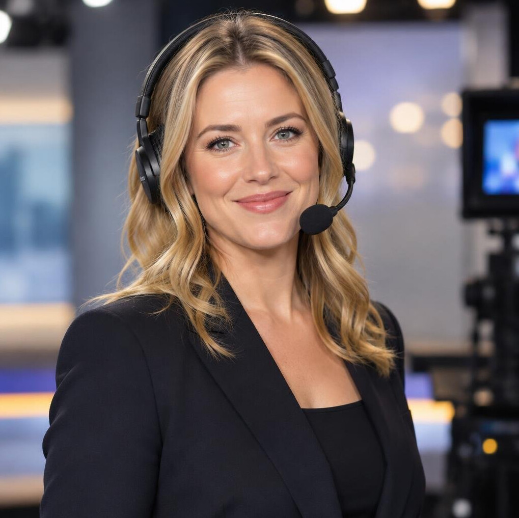 Woman broadcast presenter wearing a headset in a television studio