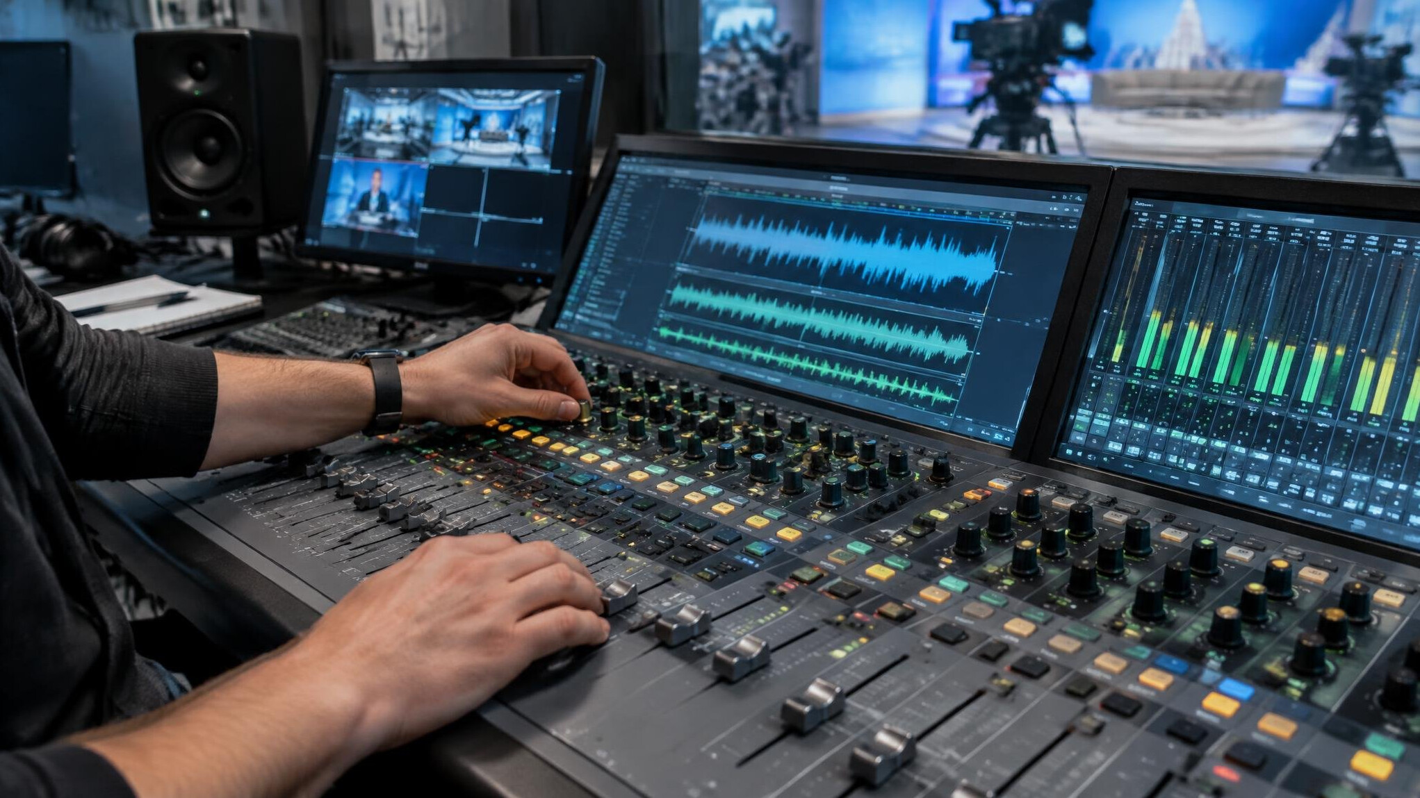 Sound engineer adjusting faders on a broadcast audio mixing console