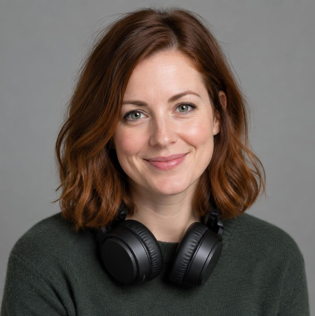 Portrait of a white woman sound engineer wearing headphones around her neck